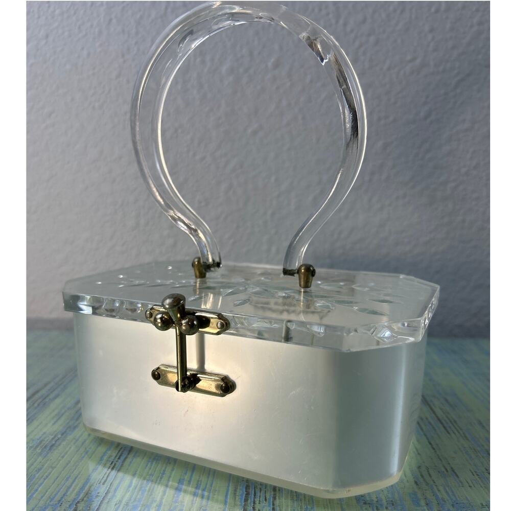 Vintage 1950s Charles S. Kahn Lucite Box Purse Pearlescent Starburst Lid